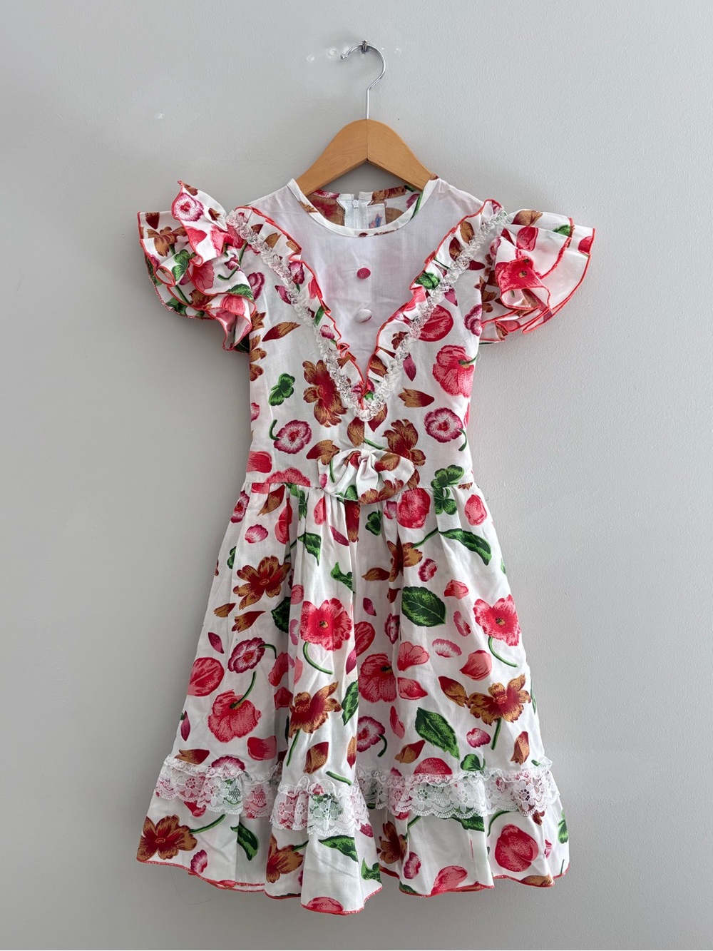 Vintage Style Girls’ Floral Flutter Sleeve Lace Accent Dress Size 8